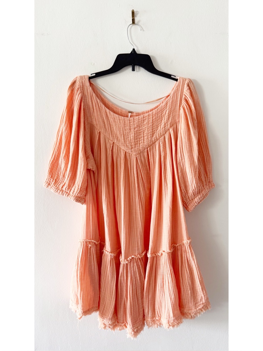 Free People Mystery Land Smocked Tiered Boho Tunic Dress in Grapefruit Medium